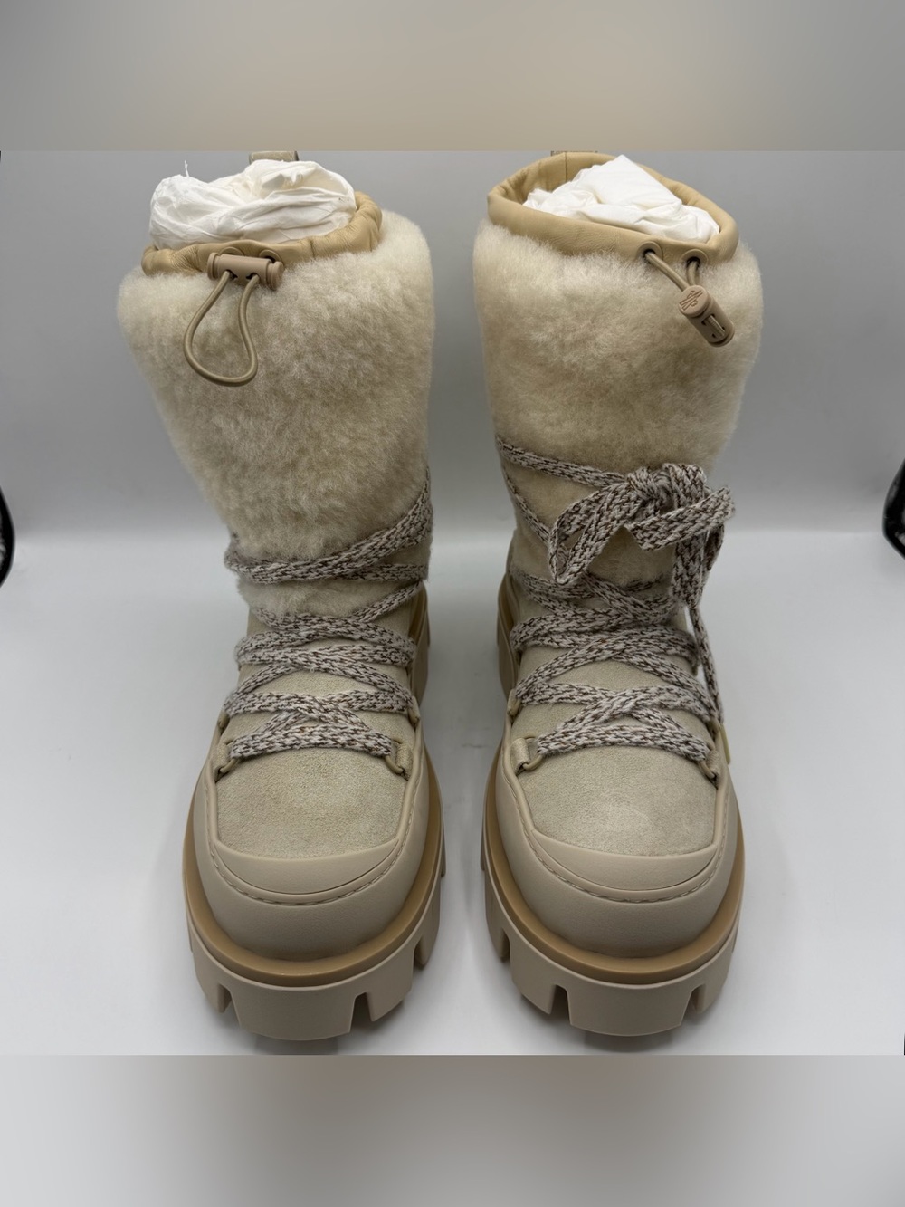 NIB Moncler Suede Shearling Leather Peak Apres Lace Light Beige Ski Boots EU 39